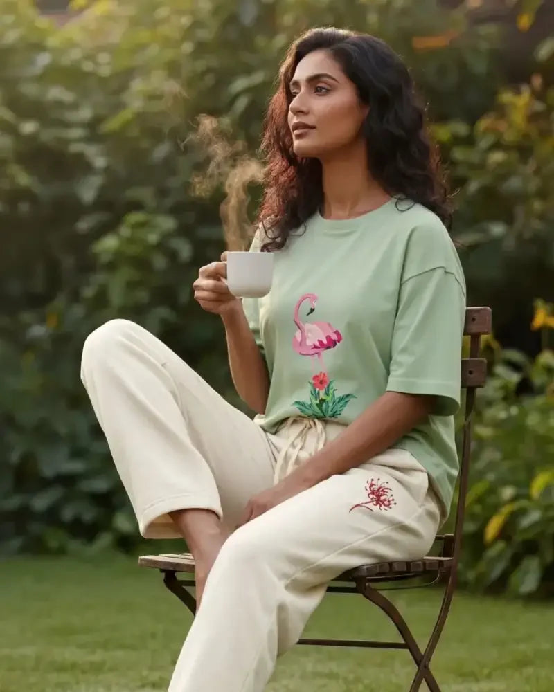Light green cotton t-shirt with pink flamingo and floral embroidery on the front
