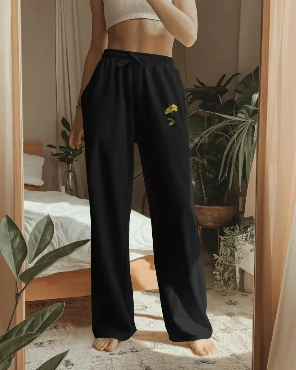 Luxurious embroidered yellow flower - relaxed fit sweatpant - sweatpants