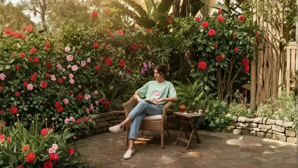 Woman in light green t-shirt with pink flamingo graphic and blue jeans sitting on a wicker chair outdoors